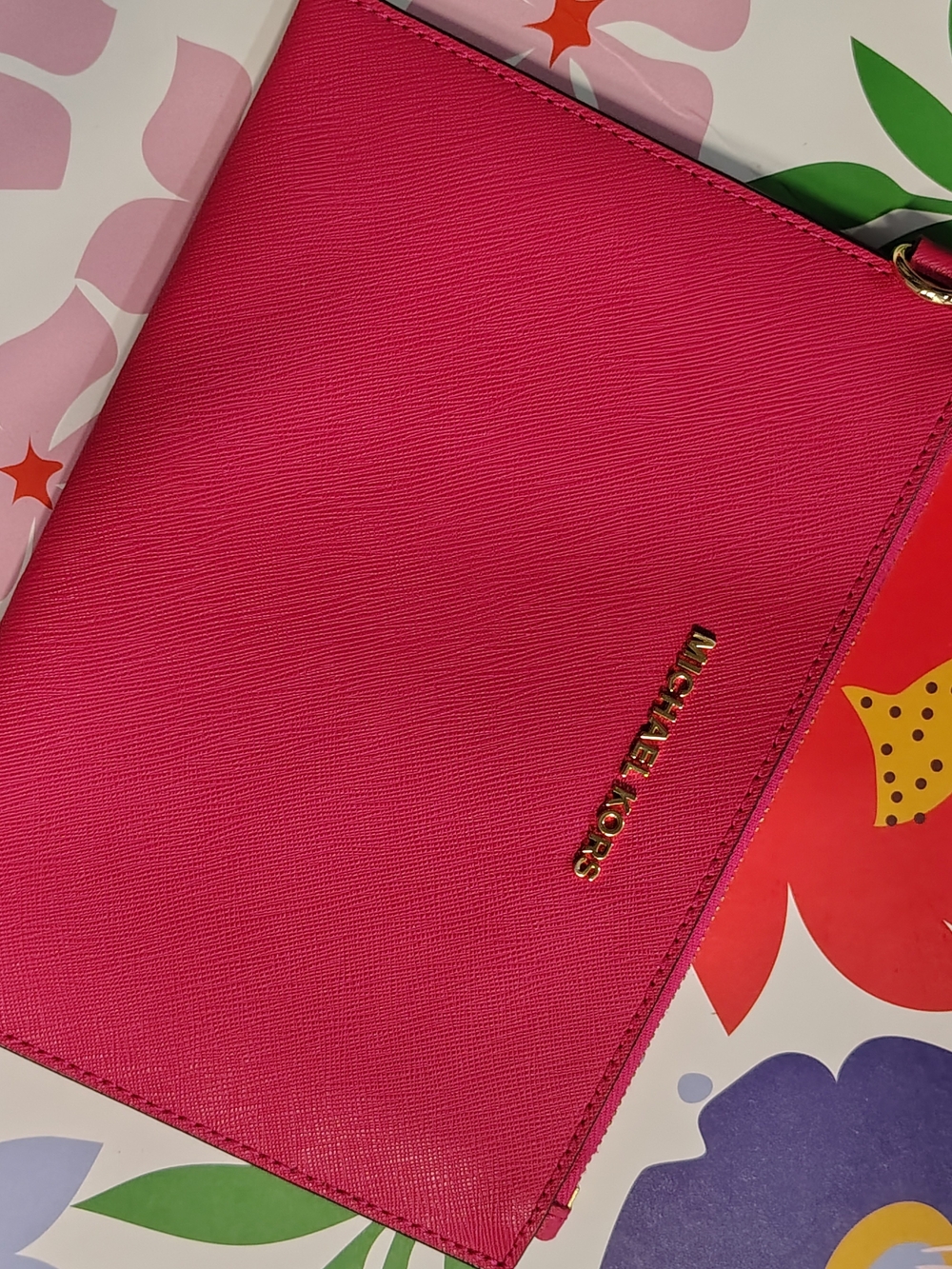 Michael Kors Bright Fuchsia Leather Wristlet Clutch with Gold Logo